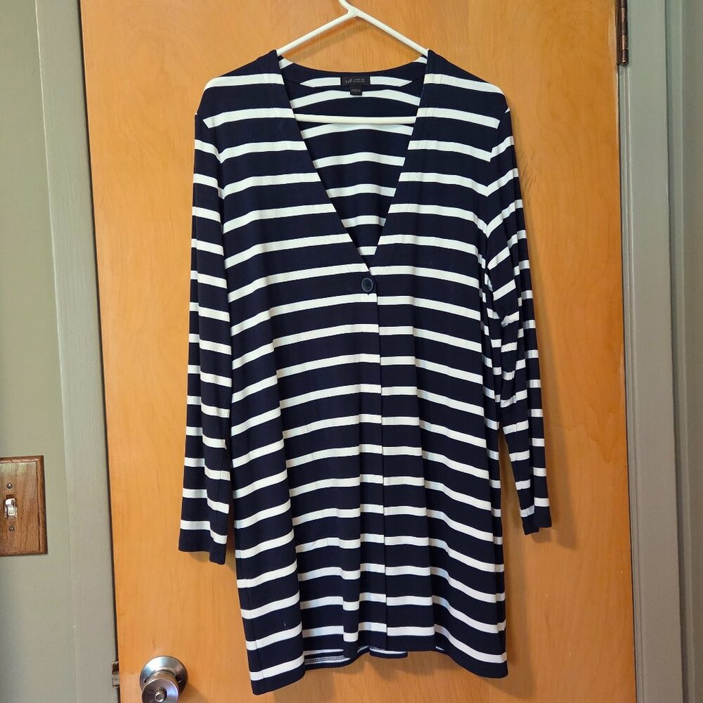 J Jill Wearever Collection Duster Cardigan Size L Breton Blue Stripe Nautical